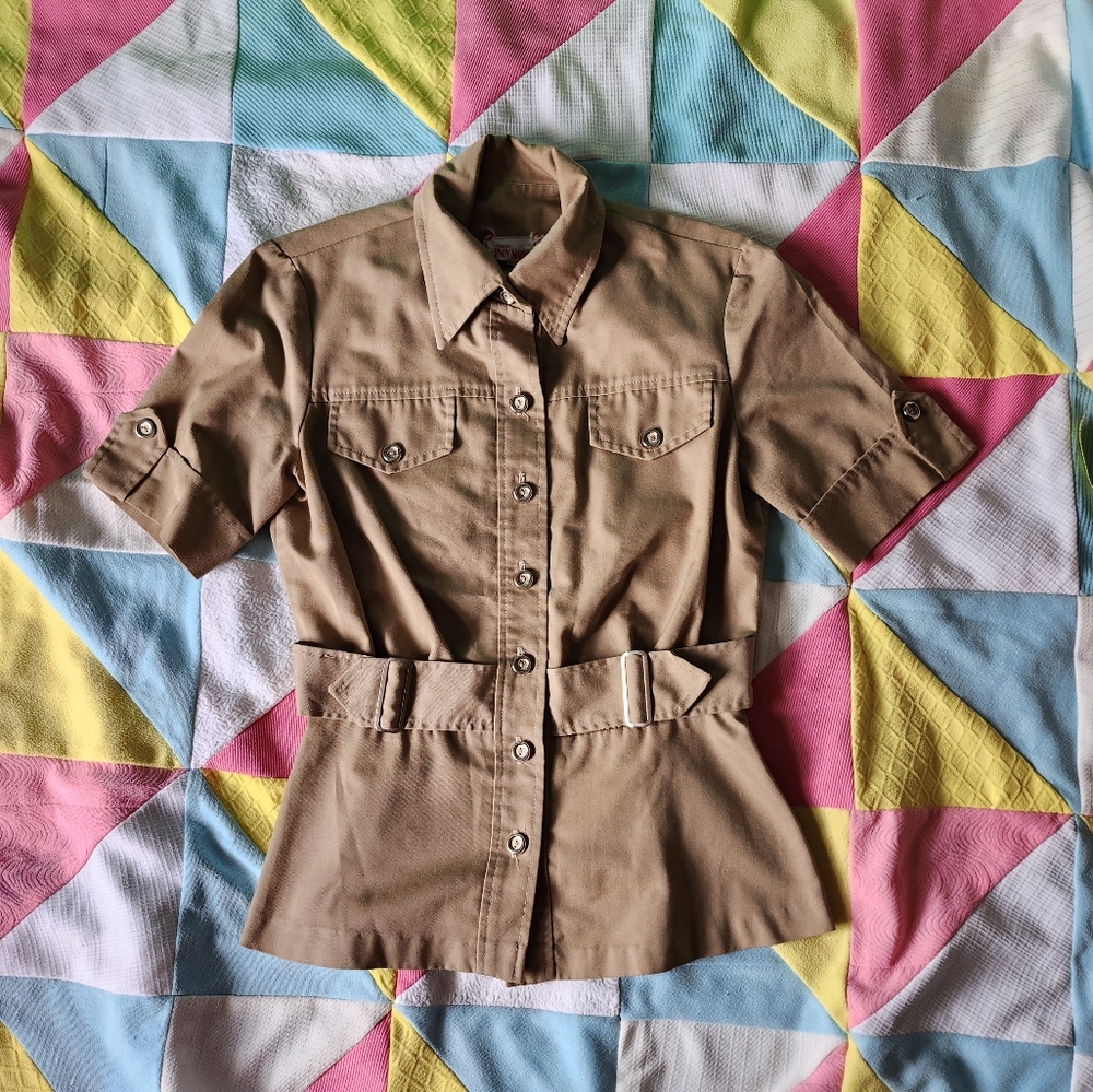 Tan Button-Up Shirt with Belt